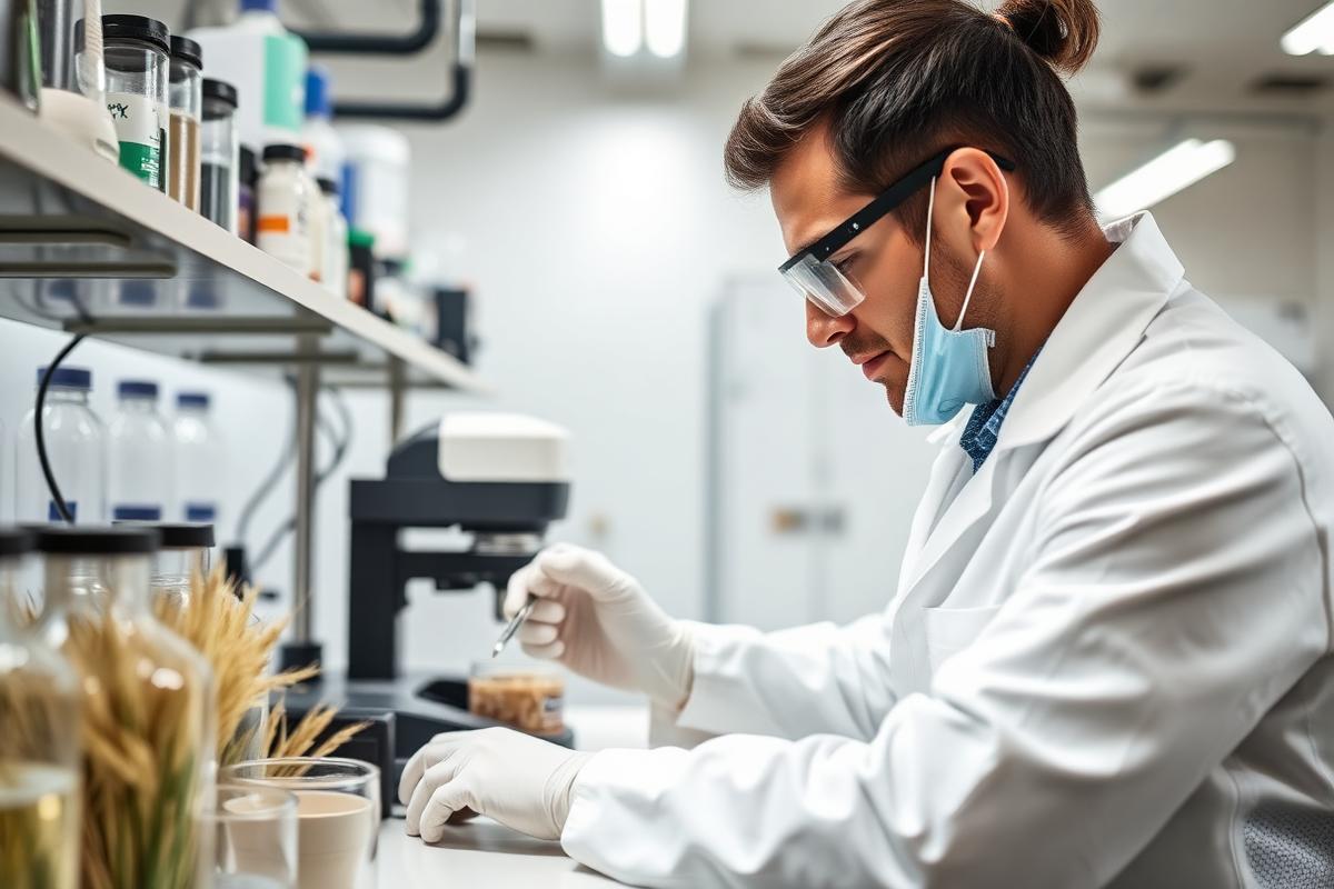 Químico analisando amostras de grãos em laboratório